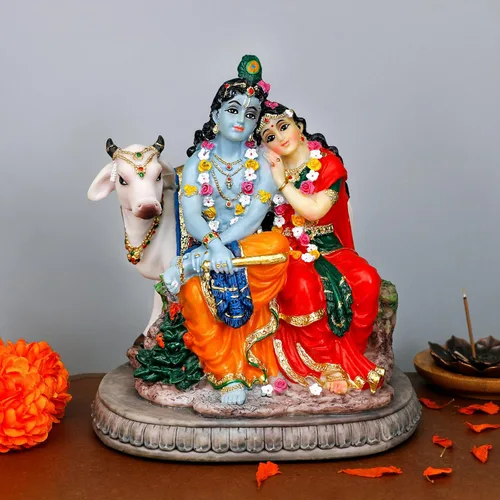 Miniatura 2 de BangBangDa Estatua hindú Murti Radha Krishna – 6.6 pulgadas de alto Polystone Dios indio Radha Krishna ídolo con vaca para cumpleaños, Diwali
