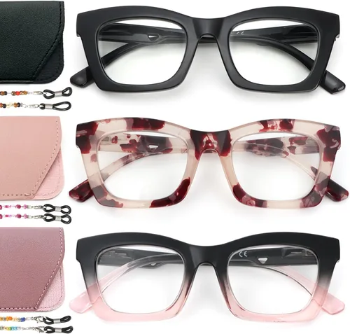 REAVEE Paquete de 3 lentes de lectura estilo Oprah con cadena, lectores para mujer, bloqueo de luz azul con bisagra de resorte
