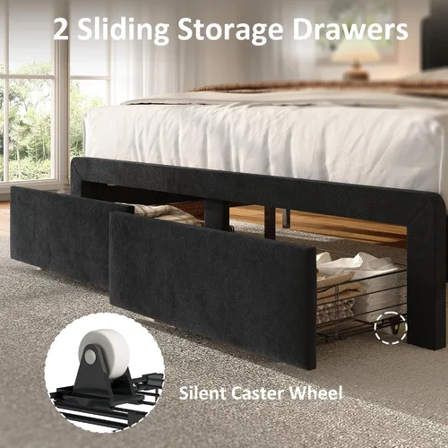 Miniatura 3 de Base de cama de almacenamiento de tamaño matrimonial, cama de plataforma tapizada con 2 cajones, cabecera de canal vertical de terciopelo con luces