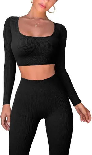 OQQ Conjuntos de entrenamiento para mujer, 2 piezas, acanalados, de manga larga, leggings de cintura alta, conjunto de yoga activo