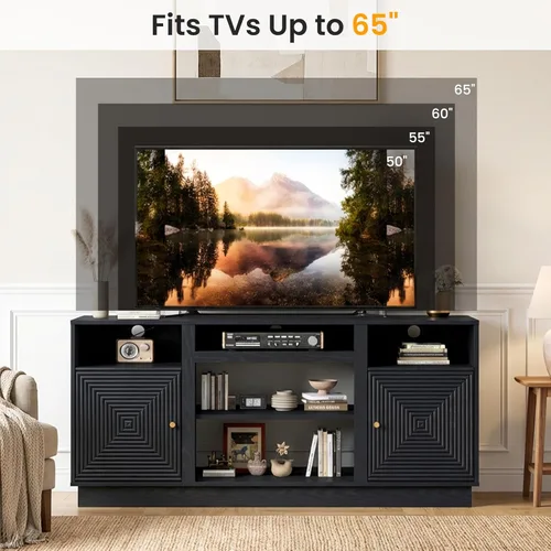 Miniatura 5 de RoyalCraft Soporte de TV negro para televisores de hasta 65 pulgadas, centro de entretenimiento moderno de mediados de siglo con almacenamiento