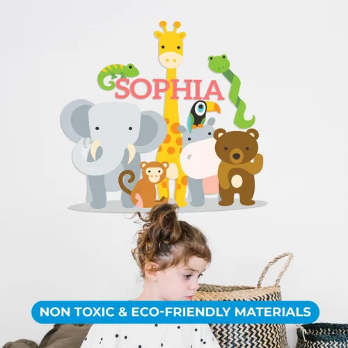 Miniatura 6 de Calcomanía de pared de vinilo con nombre personalizado de animales de la selva, decoración de pared para bebé, niño y niña, calcomanías I