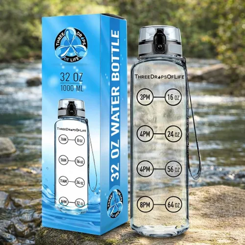 Miniatura 2 de Tres gotas de botella de seguimiento de hidratación de 32 onzas, contenedor de medición deportivo transparente, medición de la ingesta de agua