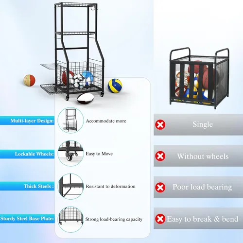 Miniatura 7 de Organizador de garaje para equipos deportivos, estante de almacenamiento de pelotas de garaje para deportes con ruedas, organizador deportivo