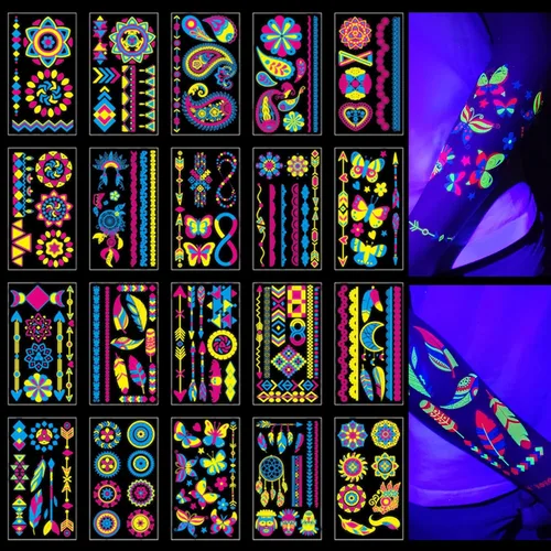 Tatuajes que brillan en la oscuridad 172 PIEZAS – Suministros de fiesta que brillan en la oscuridad, pintura corporal de neón UV reactiva a la luz