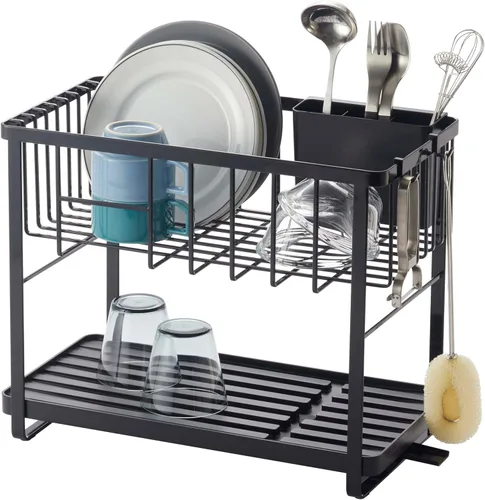 YAMAZAKI Home Tower - Escurridor de platos ajustable de dos niveles, estante de secado compacto con ganchos, soporte para utensilios, acero -