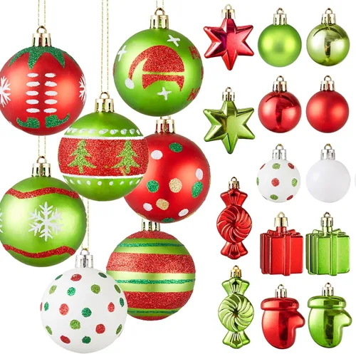 Juego de 42 adornos de bolas de Navidad - Adornos de Navidad rojos y verdes surtidos, inastillables, brillantes, colgantes, adornos de árbol de