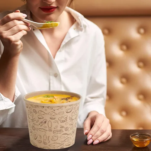 Miniatura 5 de LITOPAK Paquete de 50 recipientes de papel de 12 onzas con tapas ventiladas, vasos de papel kraft para alimentos, recipientes de sopa con tapas