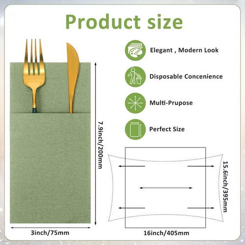 Miniatura 2 de Seajan 35 servilletas de lino de bolsillo, servilletas desechables de papel airlaid preplegadas con bolsillo integrado para cubiertos para Verde
