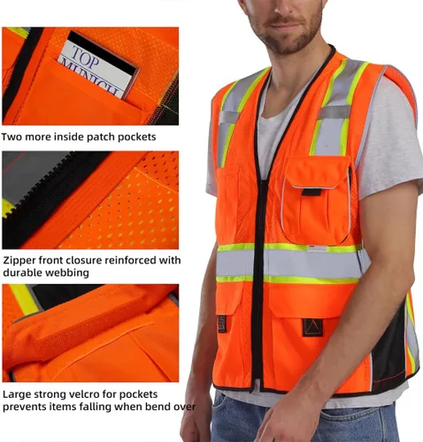 Miniatura 3 de Dib Safety - Chaleco reflectante de alta visibilidad con bolsillos de malla, cremallera y hecho con cinta 3M Naranja