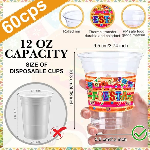 Miniatura 2 de Sumind 100 tazas mexicanas de plástico de 12 onzas para decoración de fiesta del Cinco de Mayo, tazas desechables transparentes para fiestas, tacos