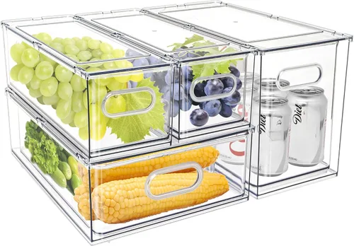 Miniatura 9 de Mano Paquete de 3 contenedores apilables extraíbles para nevera con asa, organizador transparente para almacenamiento de alimentos, caja