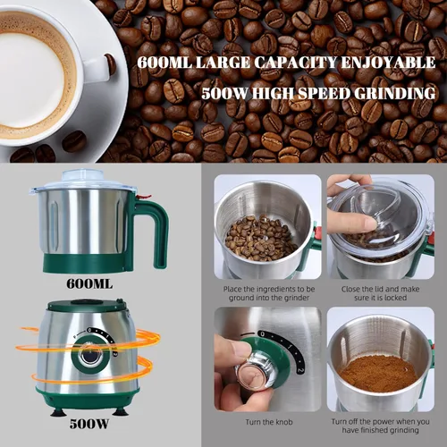 Miniatura 5 de Molinillo de cocina versátil Molino eléctrico de 500W Muele especias, frutos secos, granos, café 3 cuchillas de acero inoxidable Uso en seco