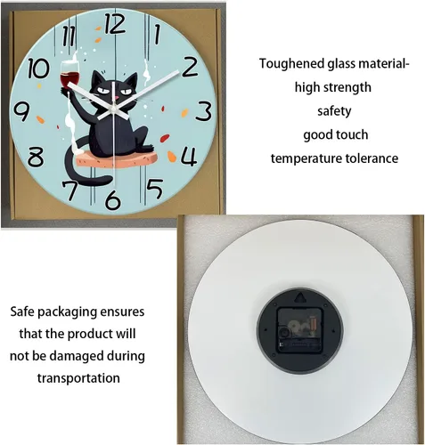 Miniatura 6 de XNM Reloj de Pared Analógico de Vidrio Operado por Batería 12 Pulgadas Redondo de Cuarzo Reloj de Gato Negro para Cocina Reloj de Pared Silencioso