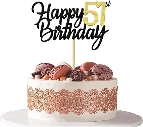 Miniatura 7 de Decoración de pastel de cumpleaños 51 con purpurina para 51 aniversario, decoración de cumpleaños 51 años, decoraciones doradas para tartas