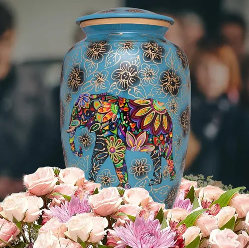 Miniatura 4 de Urna funeraria azul con elefante - Diseño floral espiritual indio - Urna de cremación para cenizas humanas - Aluminio - Adecuada para entierro
