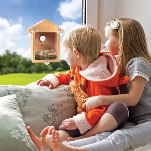 Miniatura 2 de Ochine Casa para pájaros con ventosa fuerte, casa de pájaros de madera, ventana transparente, comedero para pájaros al aire libre, jaula para nido