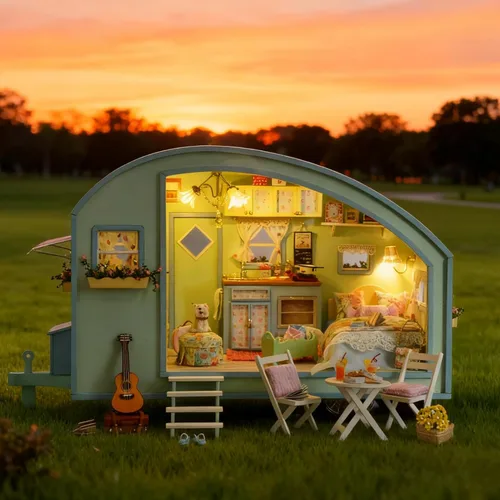 Miniatura 10 de CUTEROOM Casa de muñecas en miniatura con muebles, casa de muñecas en miniatura de madera 3D con caja de música y luces LED, kit de casa