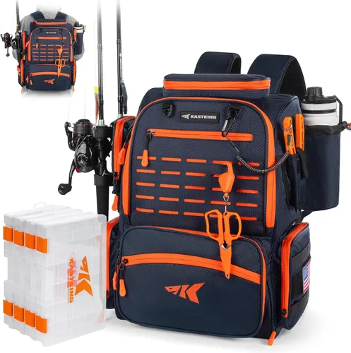KastKing Bait Boss Mochila de aparejos de pesca con soportes para caña, 4 cajas de aparejos, cubierta para lluvia, almacenamiento grande de 43 L B: