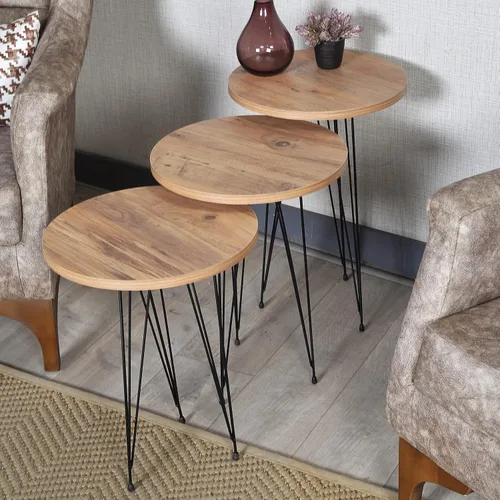 Miniatura 7 de Juego de 3 mesas auxiliares anidables de mármol blanco, mesas auxiliares redondas de madera apilables con patas de metal para sala de estar, oficina