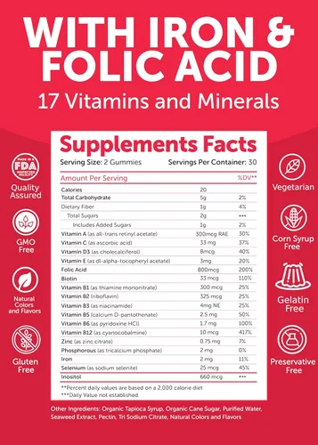 Miniatura 5 de Gomitas prenatales de vitaminas para mujeres con hierro y ácido fólico, masticables y sin OMG, vitaminas prenatales multivitamínicas sin gelatina