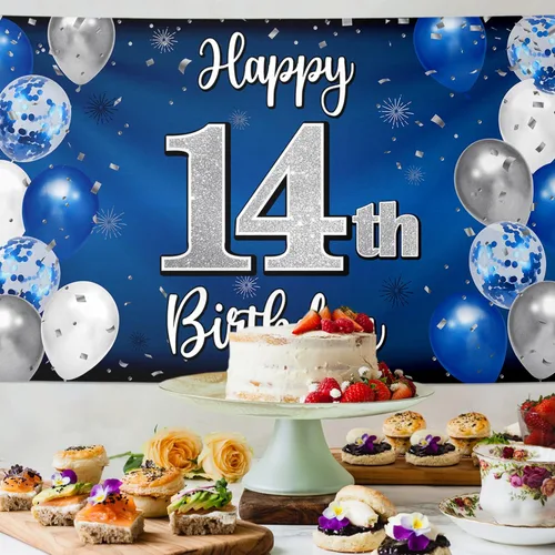 Miniatura 4 de Decoraciones de Feliz Cumpleaños Número 14, Globo Azul y Plateado Grande Pancarta de Fondo Letrero de Cumpleaños, Brindis por Catorce Años 14th
