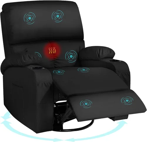 LEVELEVE Silla reclinable mecedora, silla reclinable de masaje con masaje por vibración y calor, sillas giratorias de piel sintética de 360°, sala