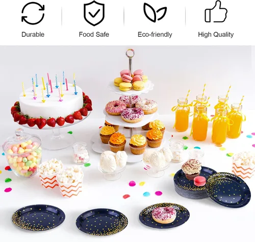 Miniatura 5 de Aneco 60 platos de papel desechables de 7 pulgadas, platos de papel azul marino azul y dorado, platos de postre redondos para bodas, despedidas