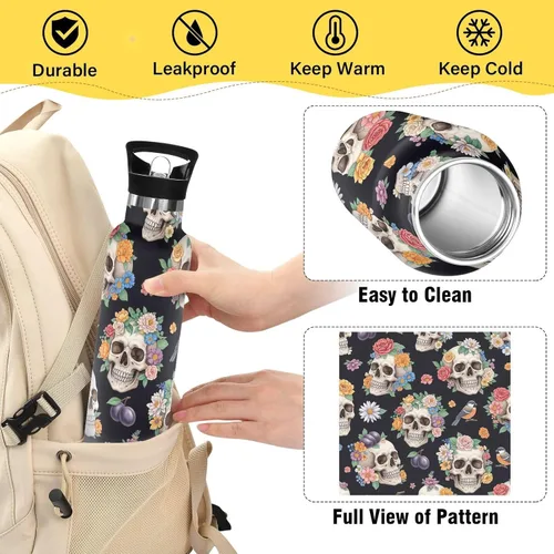 Miniatura 4 de Water Bottle for Kids with Straw, Stainless Steel Water Bottle for Travel or School 20 Oz, BPA-Free, Human Skulls Colorful Flowers