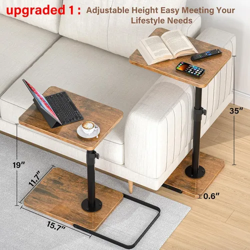 Miniatura 2 de Mesa auxiliar de mesa C de altura ajustable, mesa giratoria de 360°, base de metal y madera mejorada para evitar resbalones, mesa con reposabrazos