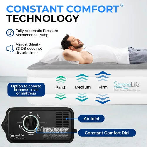 Miniatura 3 de SereneLife Colchón de aire tamaño individual con tecnología ComfortCoil incorporada y bomba interna de alta capacidad Parte superior de colchón