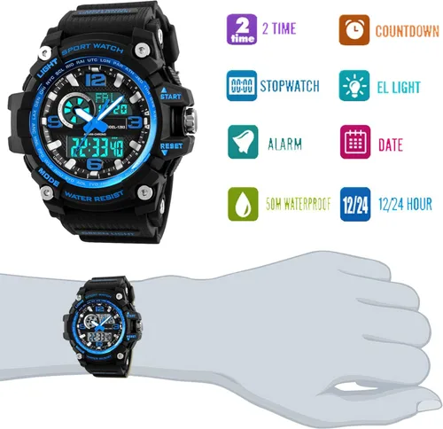Miniatura 5 de Reloj deportivo analógico digital LED 50M impermeable para hombre reloj deportivo al aire libre militar multifunción casual doble pantalla de 12