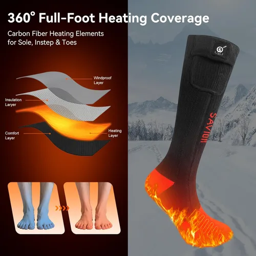 SAVIOR HEAT Electric Heated Socks for Men Women 3 Heat Settings 2 * 2200mAh Rechargeable Battery Powered Cold Weather Heated Ski Socks Up to 10