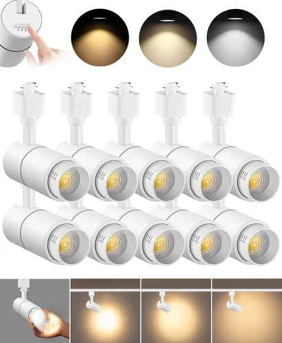 VANoopee Paquete de 10 cabezales de iluminación LED de pista de 3 colores con zoom de 10 W, cabezales de luz de riel tipo H, regulables, brillantes,