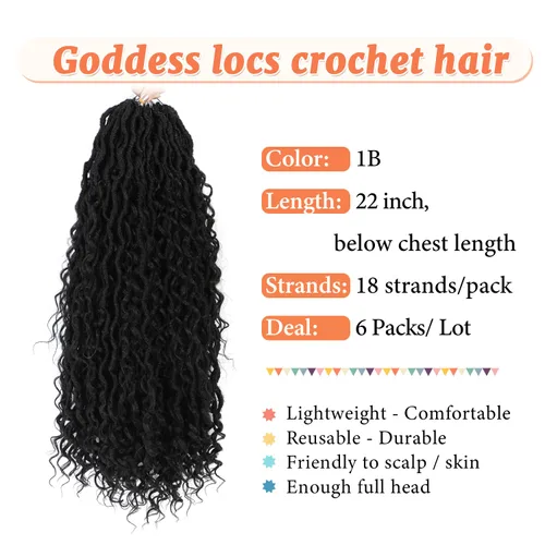 Goddess Locs - Cabello de ganchillo de 22 pulgadas, 6 paquetes de trenzas postizas con puntas rizadas para mujeres negras, estilo bohemio, 1B