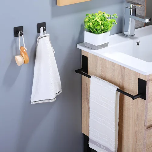 Miniatura 6 de Taozun Toallero – Toallero con 2 paquetes de ganchos adhesivos, color negro, toallero de mano de 16 pulgadas para pegar en la pared, kit