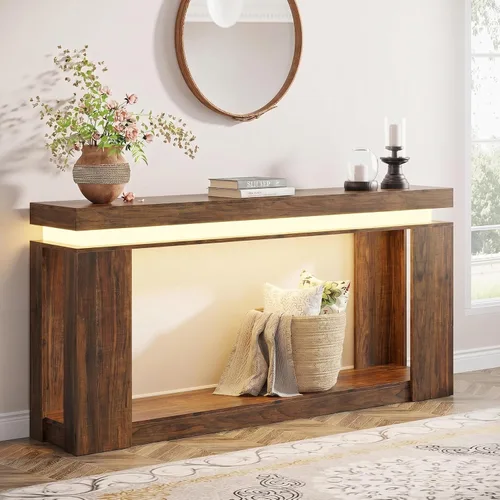 Loomie - Mesa de consola larga de 63" con luces LED y toma de corriente, mesa de sofá de estilo granja de 2 niveles detrás del sofá con