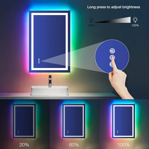 Miniatura 4 de LOAAO Espejo de baño LED de 24 x 36 pulgadas con luces, antiniebla, regulable, retroiluminación RGB + iluminación frontal, espejo de tocador de baño