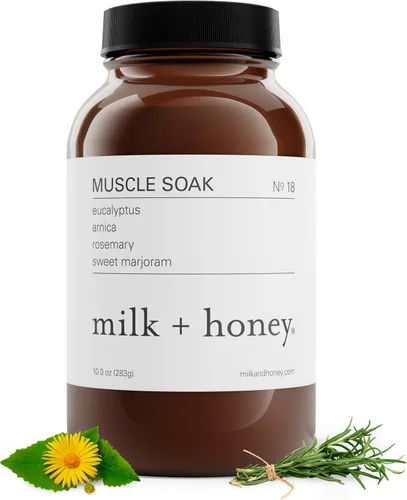 milk + honey Muscle and Bath Soak No. 18, baño hidratante de sal de Epsom con eucalipto, árnica, romero y mejorana dulce, 10 onzas