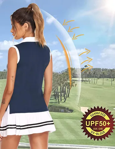 Miniatura 3 de HOTLOOX Camiseta polo de golf sin mangas para mujer, verano 2024, UPF 50+, cremallera, cuello en V, camiseta sin mangas S-XXL