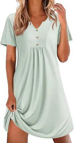 Miniatura 15 de Ekouaer Camisones para mujer de algodón Vestidos de noche Plisados Camisones Henley Cuello en V Camisas de dormir de manga corta Ropa de dormir