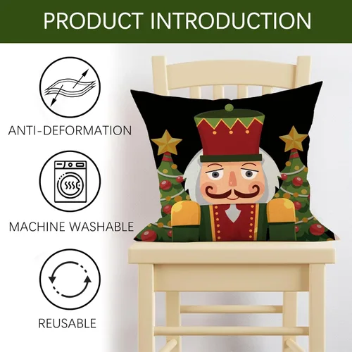 Miniatura 3 de Juego de 4 fundas de almohada decorativas con diseño de cascanueces navideñas, 20 x 20 pulgadas, árbol de Navidad, soldado de madera de dibujos