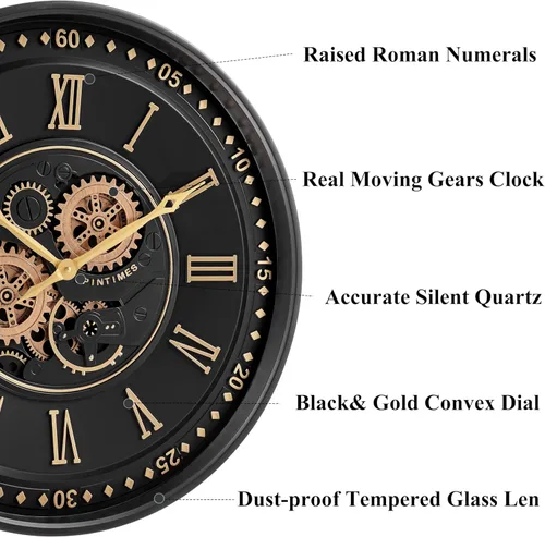 Miniatura 4 de CLXEAST Reloj de pared de 24 pulgadas con engranajes en movimiento, relojes de pared dorados negros con números romanos para decoración moderna