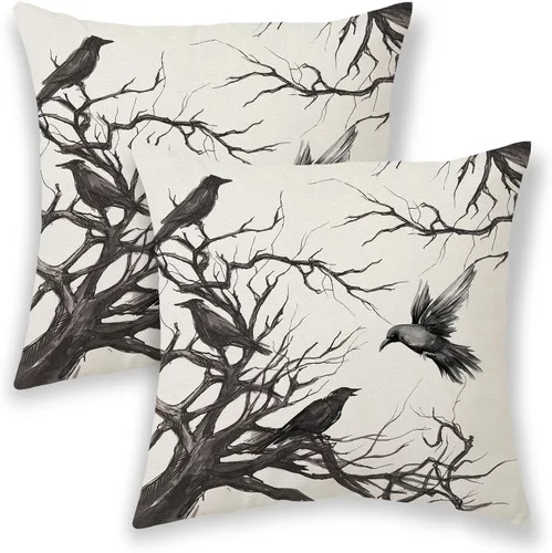 Fundas de almohada de Halloween de 18 x 18 pulgadas, 2 piezas, fundas de almohada decorativas de cuervos en árbol negro para sofá, funda de cojín de