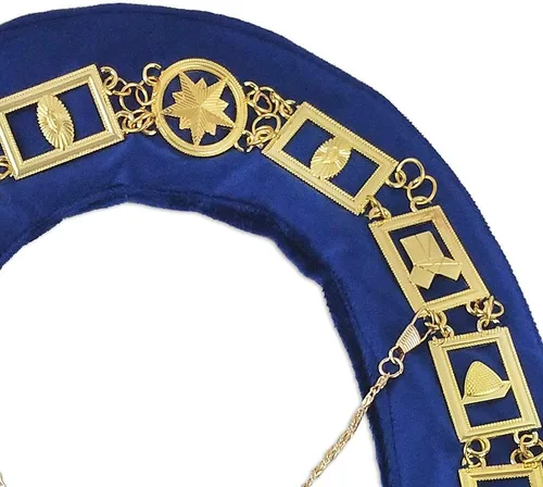 Miniatura 3 de Herramientas de trabajo con cuello masónico chapado en oro y respaldo de terciopelo azul
