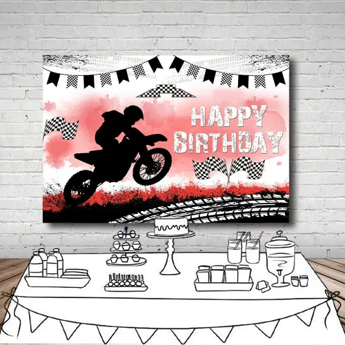 Miniatura 4 de MEHOFOND Telón de fondo de feliz cumpleaños, decoración de fiesta de motocross, telón de fondo de pista de neumáticos de motocicleta, suministros