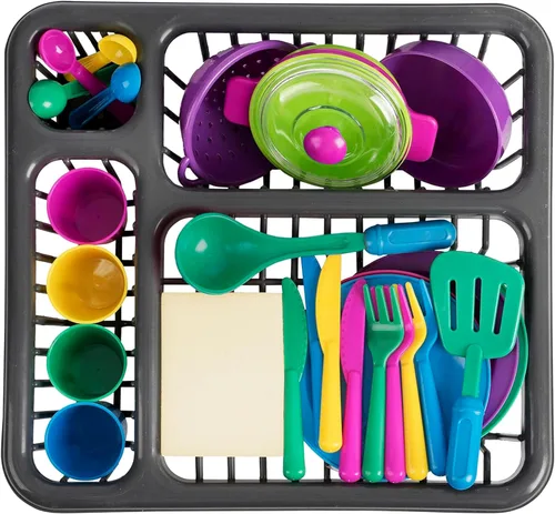 DIMROM Juego de platos para mini cocina con 27 artículos – Bonitos juegos de ollas y sartenes para mini cocina, platos coloridos y utensilios hechos