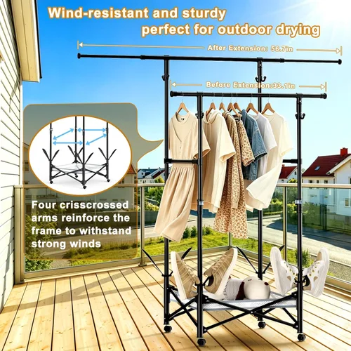 Miniatura 2 de Tendedero portátil plegable para ropa – Varillas ajustables dobles extensibles (33.1 a 56.7 pulgadas) – Diseño fácil de no montar que ahorra espacio