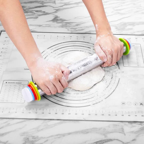 Miniatura 5 de Rodillos, Rodillo de Masa de Acero Inoxidable, Juego de Rodillo y Alfombrilla de Silicona para Repostería, Rodillo Ajustable con Anillos de Grosor