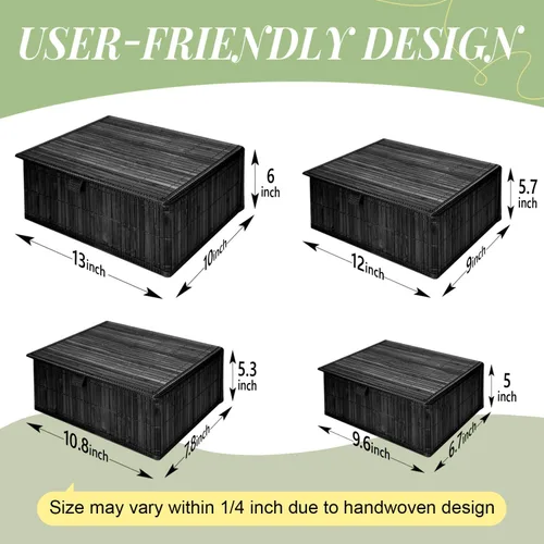 Miniatura 6 de Cesta de mimbre con tapa, caja de almacenamiento de bambú para estantes, cajas de almacenamiento de bambú con tapas, cesta decorativa rectangular
